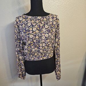 Elodie Floral Crop Top Sz L Purple Long Sleeve Boho Cottagecore Peasant AA636